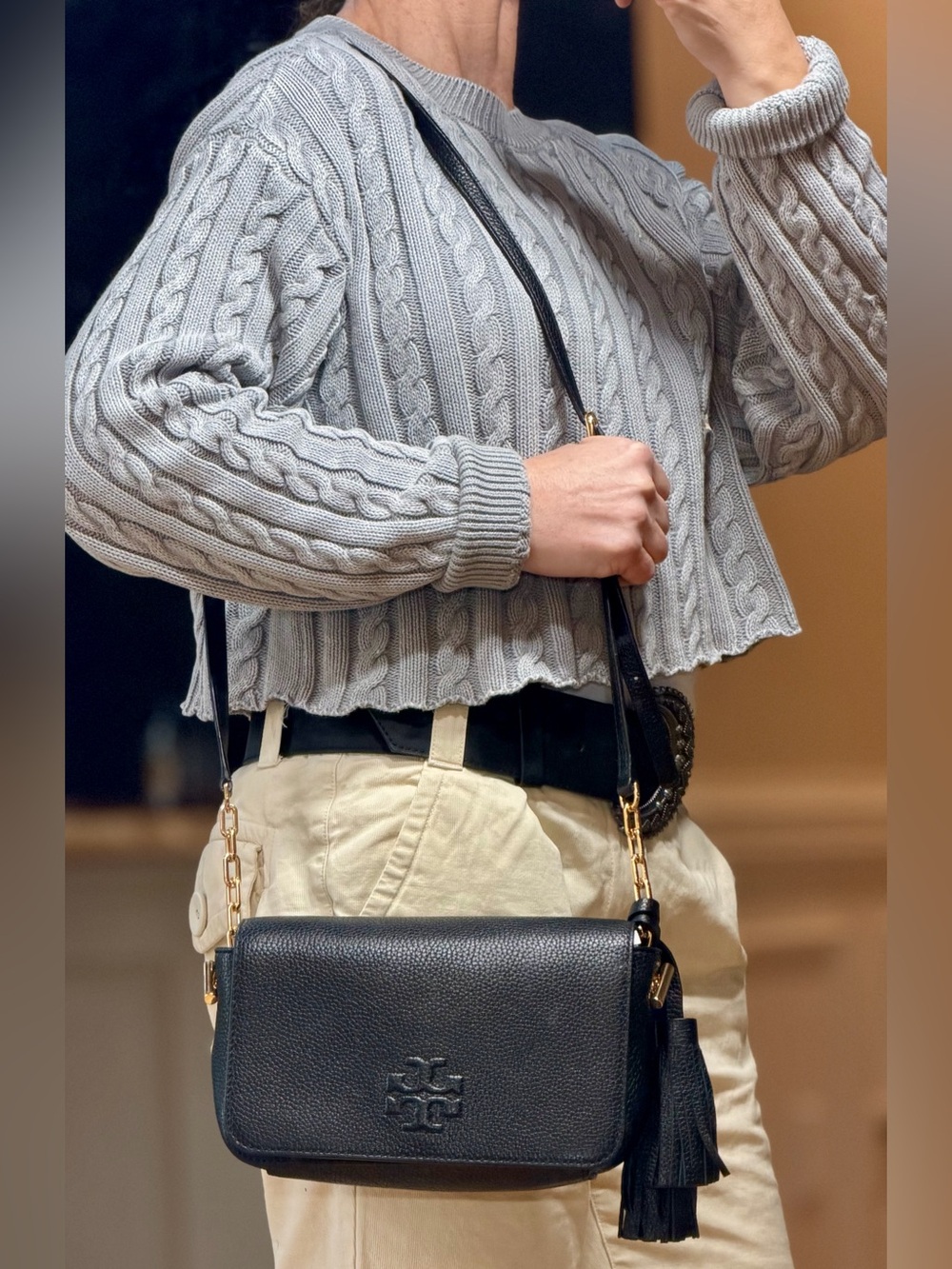 Tory Burch Quiet Luxury 2010’s Thea Pebbled Leather Flap Crossbody Black EUC - Picture 6 of 14